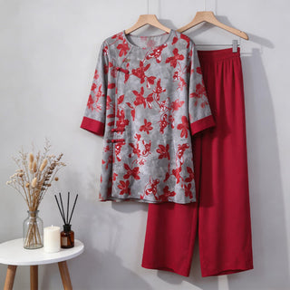 Vintage Loungewear-Set mit Blumenmuster im orientalischen Stil - Rot - M - image 0