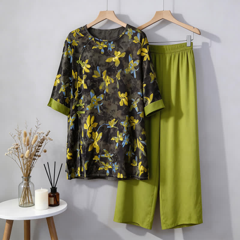 Retro-Pyjama-Set mit Blumenmuster im orientalischen Stil - Grün - M - image 0