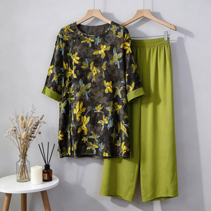 Retro-Pyjama-Set mit Blumenmuster im orientalischen Stil - Grün - M - image 0