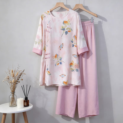 Loungewear-Set mit Schmetterlings- und Blumenmuster im orientalischen Stil - Rosa - M - image 0