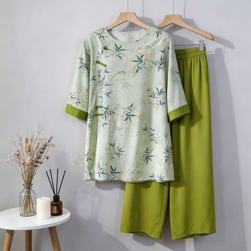 Elegantes Loungewear-Set aus Bambus im orientalischen Stil - Grün - M - image 0