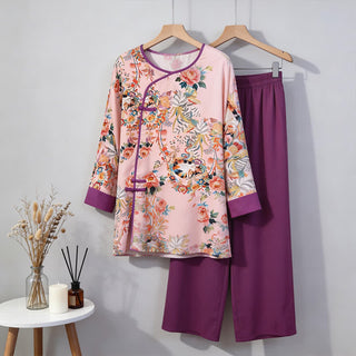 Loungewear-Set mit Blumen- und Katzenmotiven im orientalischen Stil - Rosa - M - image 0