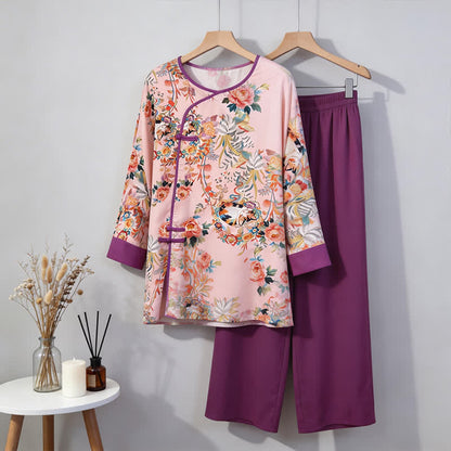 Loungewear-Set mit Blumen- und Katzenmotiven im orientalischen Stil - Rosa - M - image 0