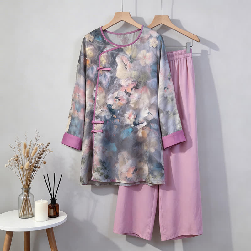Künstlerisches Loungewear-Set mit floralem, orientalisch inspiriertem Muster - Hellgrau - M - image 0
