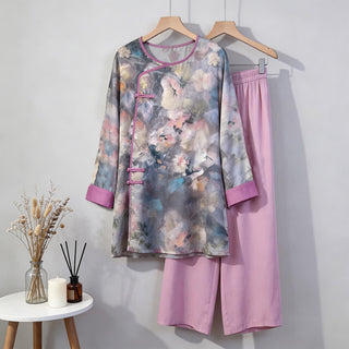 Künstlerisches Loungewear-Set mit floralem, orientalisch inspiriertem Muster - Hellgrau - M - image 0