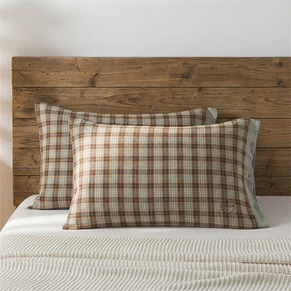 Vintage-Kissenbezüge aus Baumwolle mit Karomuster und Knöpfen (2 Stück) - Braun & Blau - 52 cm x 76 cm - image 0