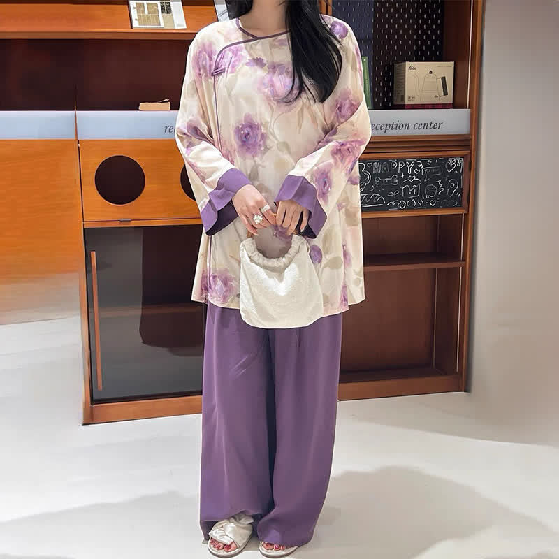 Aquarell-Pyjama-Set in Lila mit Blumenmuster im orientalischen Stil - image 4