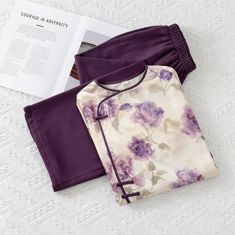 Aquarell-Pyjama-Set in Lila mit Blumenmuster im orientalischen Stil - Lila - M - image 0