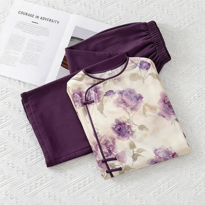 Aquarell-Pyjama-Set in Lila mit Blumenmuster im orientalischen Stil - Lila - M - image 0