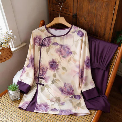 Aquarell-Pyjama-Set in Lila mit Blumenmuster im orientalischen Stil - image 6