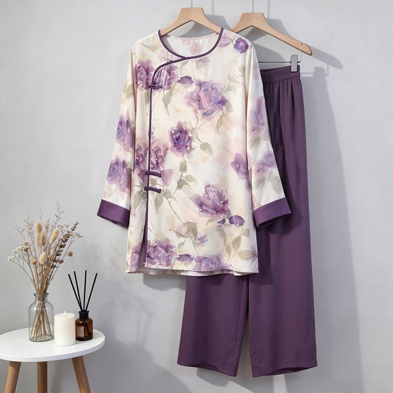 Aquarell-Pyjama-Set in Lila mit Blumenmuster im orientalischen Stil - image 5