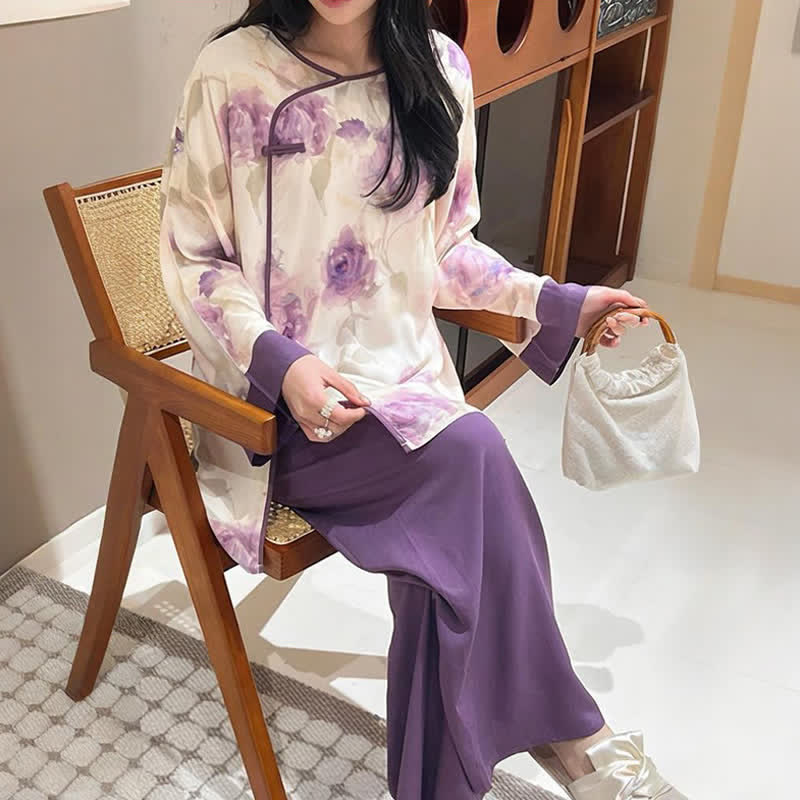Aquarell-Pyjama-Set in Lila mit Blumenmuster im orientalischen Stil - image 2