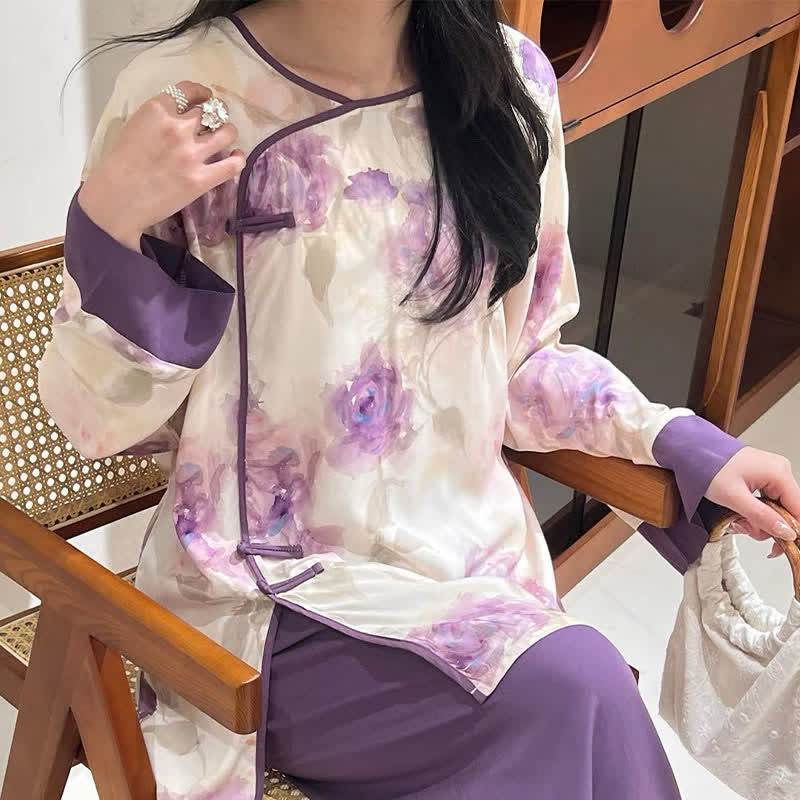 Aquarell-Pyjama-Set in Lila mit Blumenmuster im orientalischen Stil - image 3