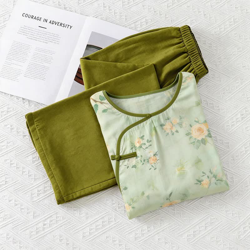 Pyjama-Set mit frischem Blumenmuster im orientalischen Stil - Grün - M - image 0