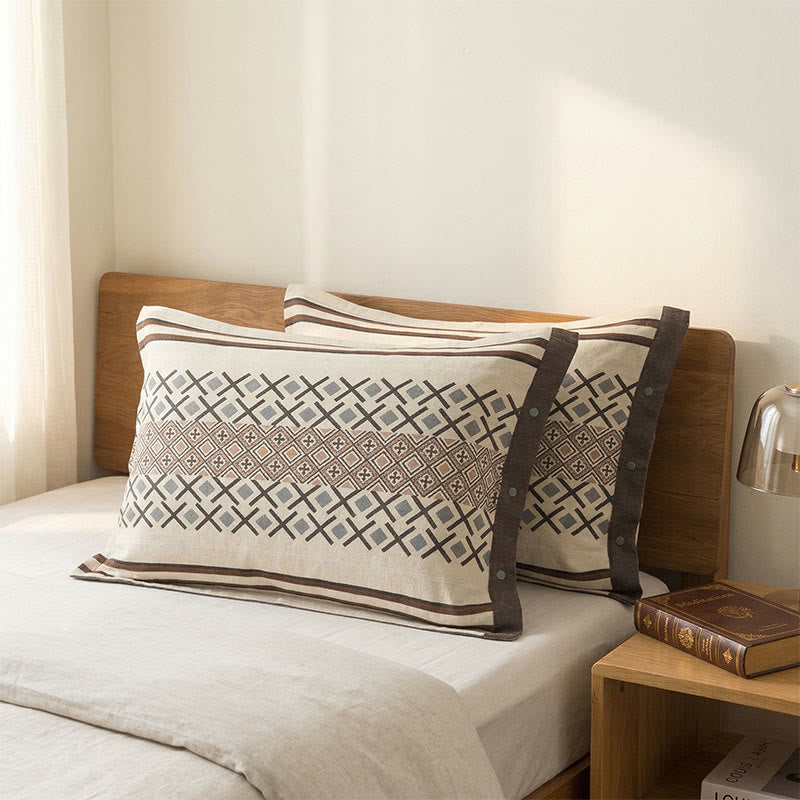 Geometrische Kissenbezüge aus Baumwollgaze mit Knöpfen (2 Stück) - Beige - 52 cm x 76 cm - image 0