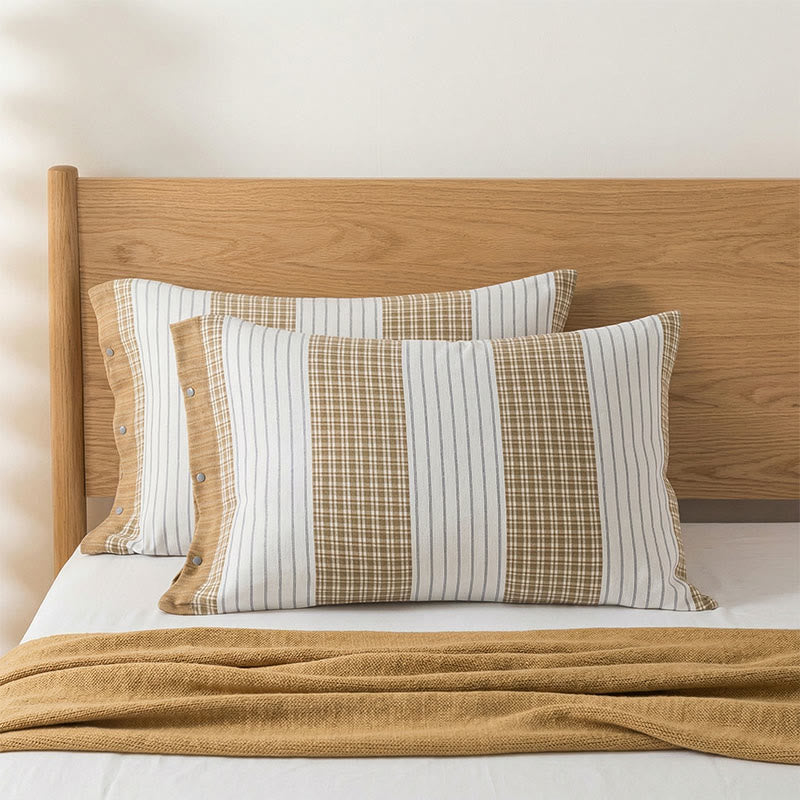 Kissenbezüge aus Baumwolle mit Karomuster und Knöpfen (2 Stück) - Beige - 52 cm x 76 cm - image 2