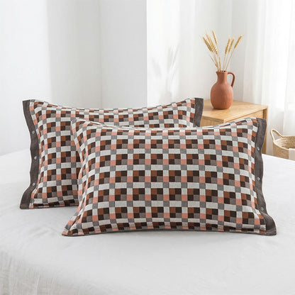 Kissenbezüge aus reiner Baumwolle mit Karomuster und Knöpfen (2 Stück) - Rot & Braun - 52 cm x 76 cm - image 0