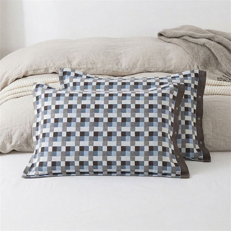 Kissenbezüge aus reiner Baumwolle mit Karomuster und Knöpfen (2 Stück) - Blau & Braun - 52 cm x 76 cm - image 2