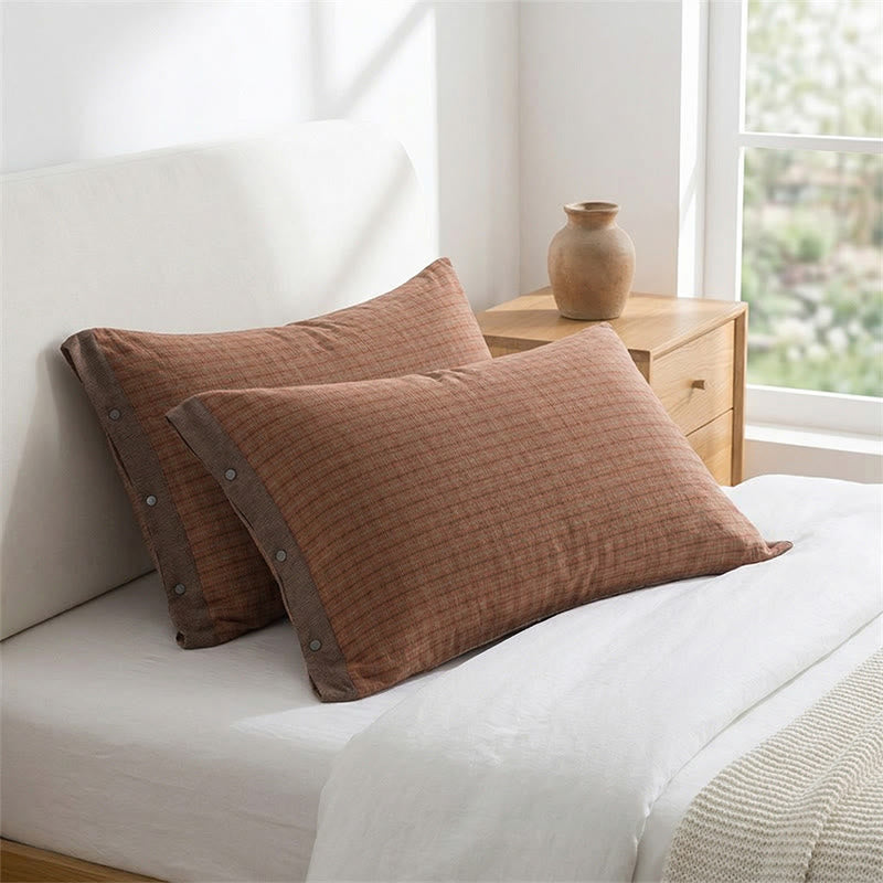 Mini-Kissenbezüge aus Baumwolle mit Karomuster und Knöpfen (2 Stück) - Rot & Braun - 52 cm x 76 cm - image 0