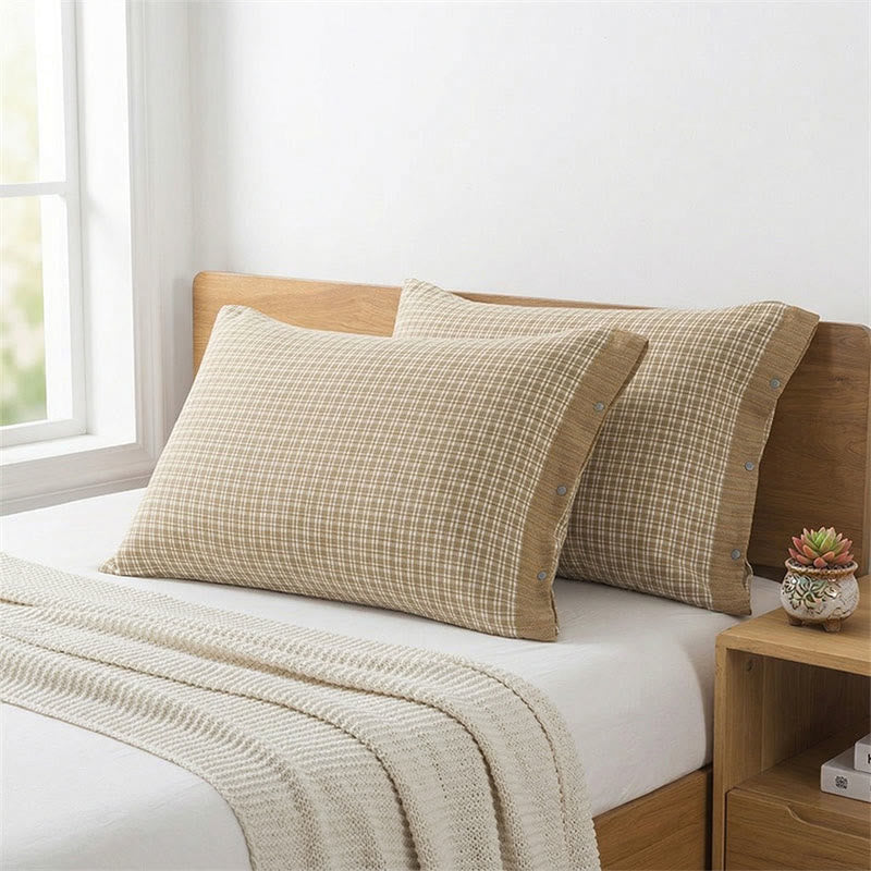 Mini-Kissenbezüge aus Baumwolle mit Karomuster und Knöpfen (2 Stück) - Grün & Beige - 52 cm x 76 cm - image 2