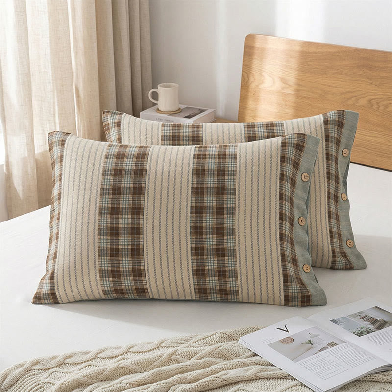 Karierte Kissenbezüge aus reiner Baumwolle (2 Stück) - Blau & Braun - 52 cm x 76 cm - image 0