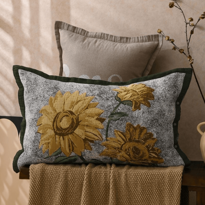 Kissenbezüge mit Sonnenblumenmuster aus reiner Baumwolle (2 Stück) - Gelb & Grau - 80 cm x 54 cm - image 0