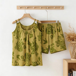 Vintage Pyjama mit Blumenmuster und Vögeln - Grün - XXL - image 0