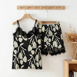 Pyjama aus Baumwolle mit abstraktem Blumenmuster (Top und Shorts) - Schwarzweiß - XXL - image 0