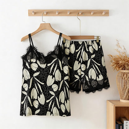 Pyjama aus Baumwolle mit abstraktem Blumenmuster (Top und Shorts) - Schwarzweiß - XXL - image 0