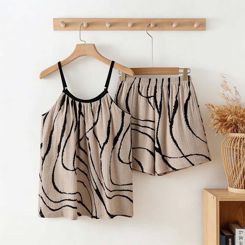 Pyjama mit künstlerisch geformtem Baumwollgaze-Cami-Shirt - Schwarz & Beige - XXL - image 0