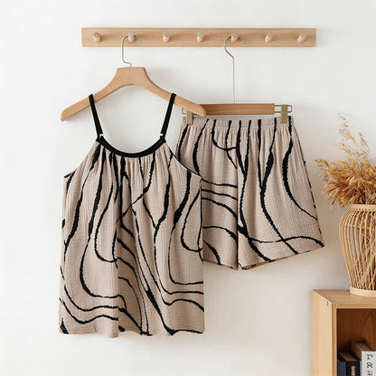 Pyjama mit künstlerisch geformtem Baumwollgaze-Cami-Shirt - Schwarz & Beige - XXL - image 0