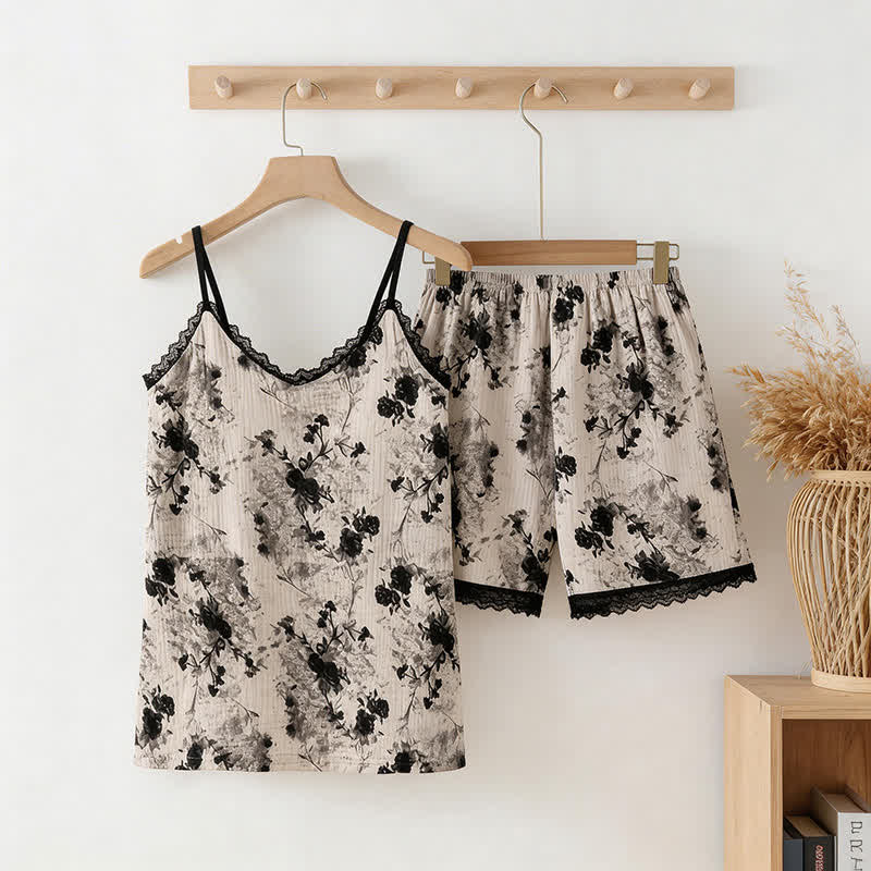 Schwarzer Pyjama aus geblümtem Baumwoll-Top und Shorts - Schwarzweiß - XXL - image 0
