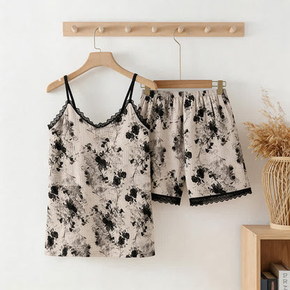 Schwarzer Pyjama aus geblümtem Baumwoll-Top und Shorts - Schwarzweiß - XXL - image 0