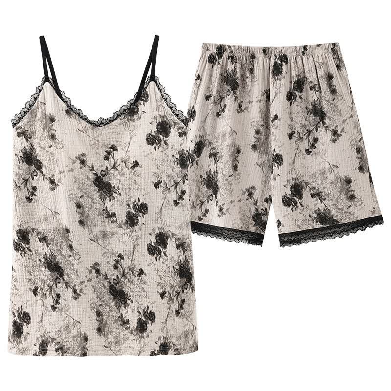 Schwarzer Pyjama aus geblümtem Baumwoll-Top und Shorts - image 9