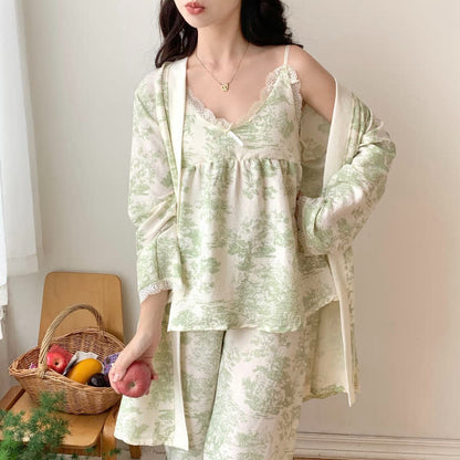 Pyjama mit Tintenwaschmuster, Landschaftsmotiv und Spitzenbesatz (3-teilig) - Grün - XXL - image 6
