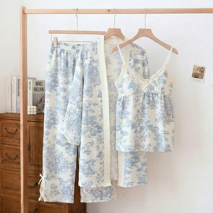 Pyjama mit Tintenwaschmuster, Landschaftsmotiv und Spitzenbesatz (3-teilig) - Blau - XXL - image 0