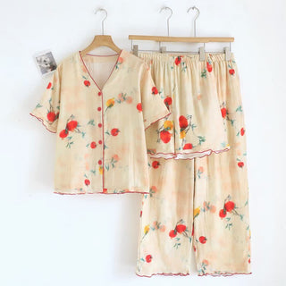 Pyjama-Set aus Baumwolle mit Granatapfelmuster und V-Ausschnitt (3-teilig) - Beige - XL - image 0
