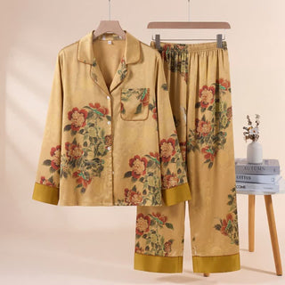 Luxuriöses Pyjama-Set mit Blumen- und grünen Blattmustern - Gelb - XL - image 0