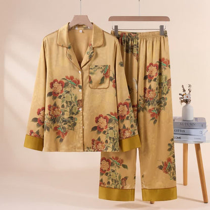 Luxuriöses Pyjama-Set mit Blumen- und grünen Blattmustern - Gelb - XL - image 0