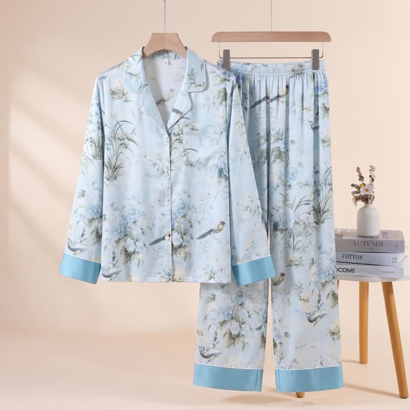 Elegantes Pyjama-Set mit Blumen- und Vogelmuster - Blau - XL - image 0