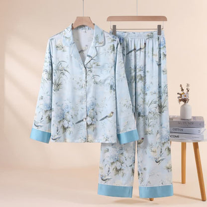 Elegantes Pyjama-Set mit Blumen- und Vogelmuster - Blau - XL - image 0