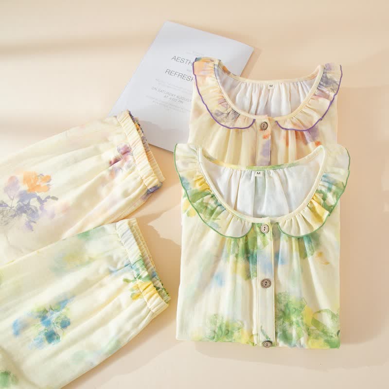 Pyjama-Set aus Baumwollgaze mit Blumenmuster und Rüschen - image 2