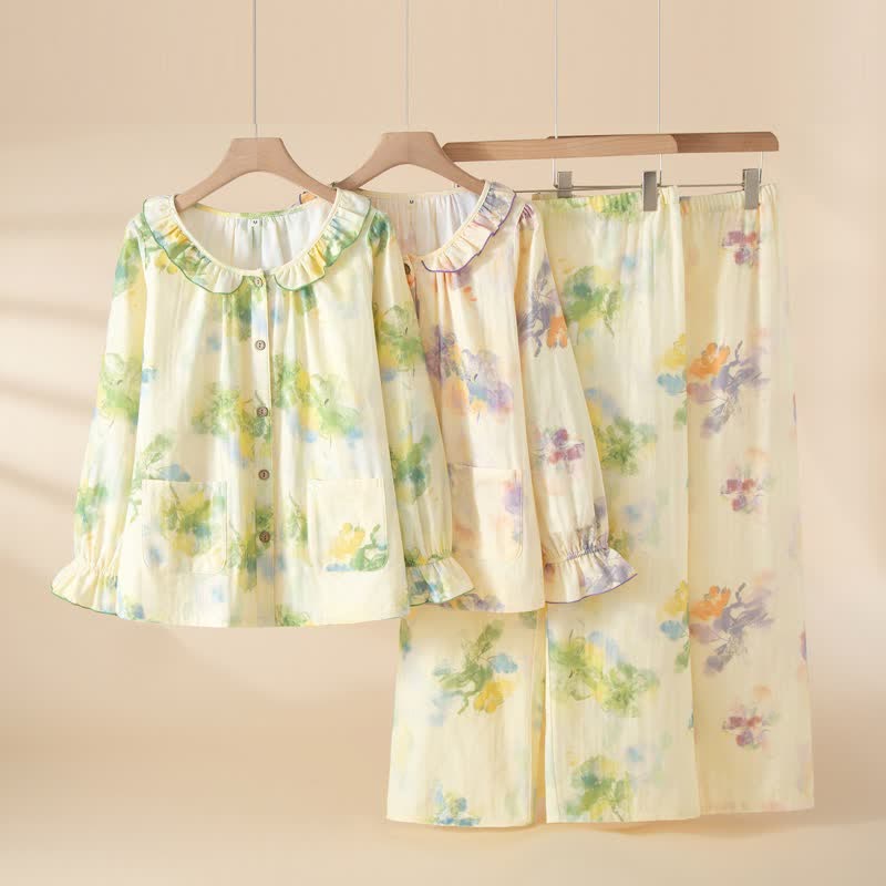 Pyjama-Set aus Baumwollgaze mit Blumenmuster und Rüschen - image 0