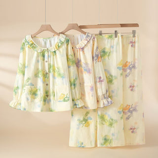 Pyjama-Set aus Baumwollgaze mit Blumenmuster und Rüschen - image 0