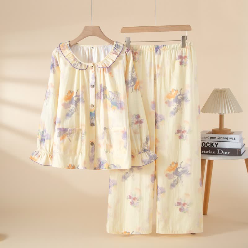 Pyjama-Set aus Baumwollgaze mit Blumenmuster und Rüschen - Lila - XL - image 3