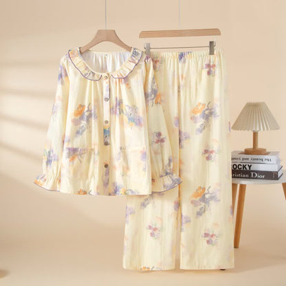 Pyjama-Set aus Baumwollgaze mit Blumenmuster und Rüschen - Lila - XL - image 3