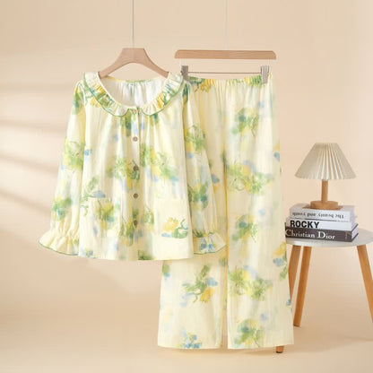 Pyjama-Set aus Baumwollgaze mit Blumenmuster und Rüschen - Grün - XL - image 4