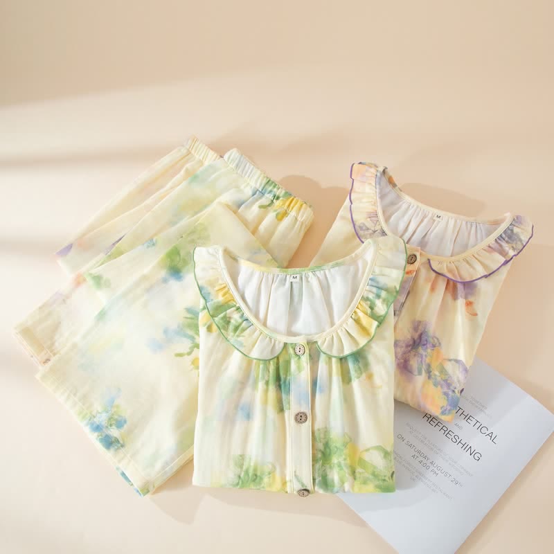 Pyjama-Set aus Baumwollgaze mit Blumenmuster und Rüschen - image 1