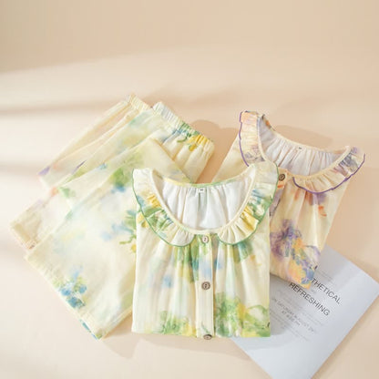 Pyjama-Set aus Baumwollgaze mit Blumenmuster und Rüschen - image 1