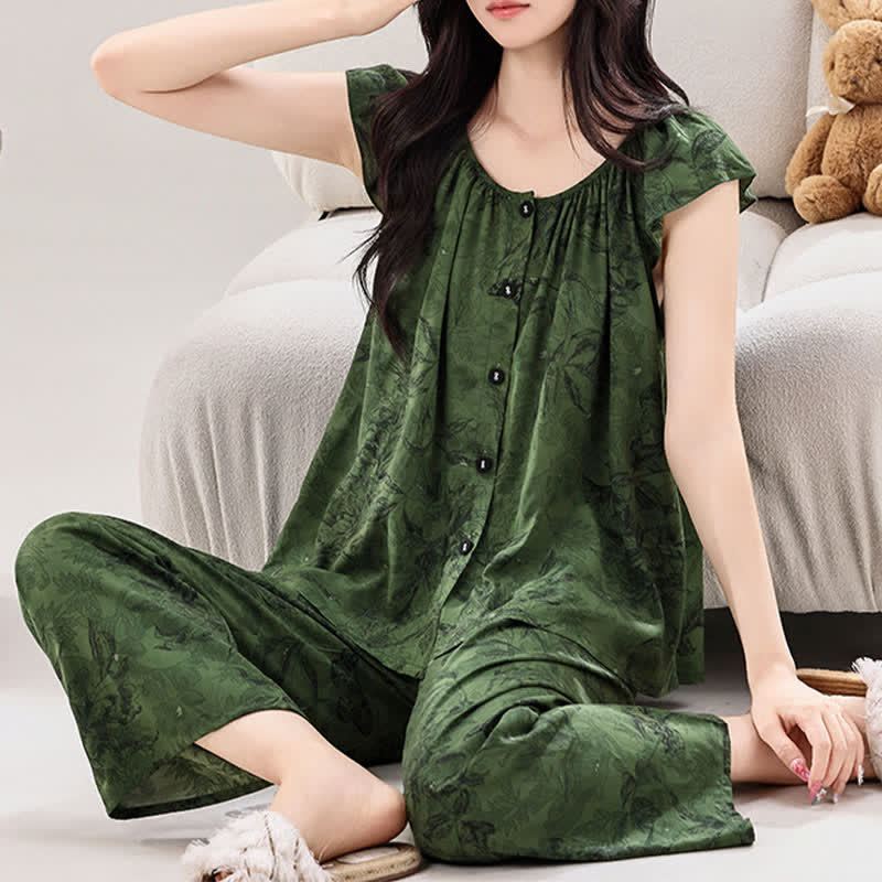 Grünes Loungewear-Set mit Blumenmuster und Rüschenärmeln - image 1